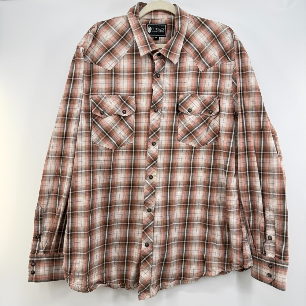Outback Trading Co Shirt Men's Size XXL Brown Plaid Pearl Snap Logan Performance